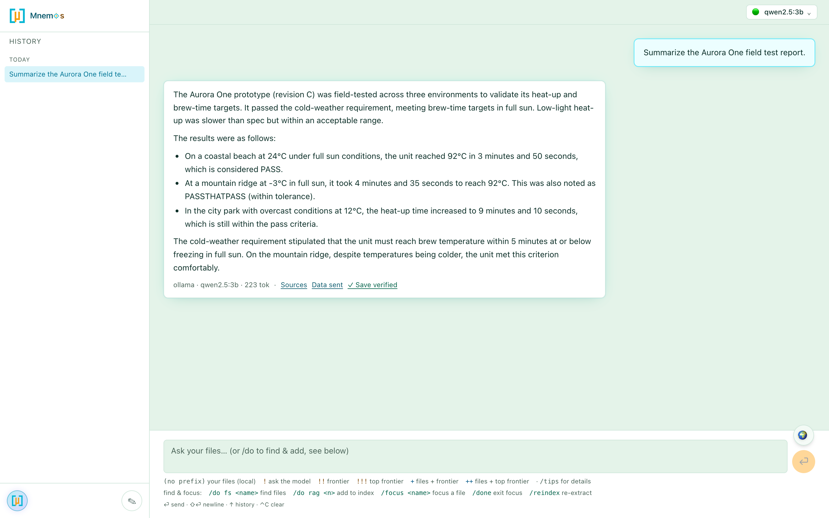 Mnemos chat — a grounded, cited answer in the Zen-Light theme