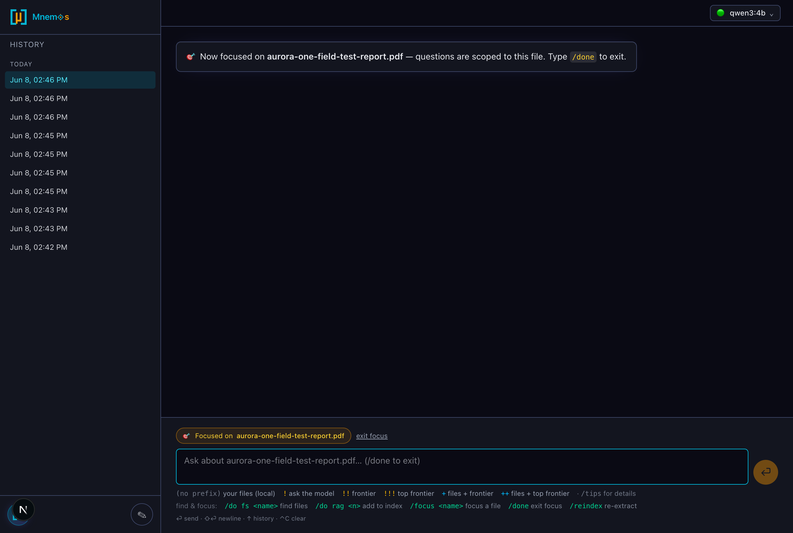 Mnemos web chat — File Focus Mode scoping the conversation to one document, with a focus chip and a scoped input placeholder