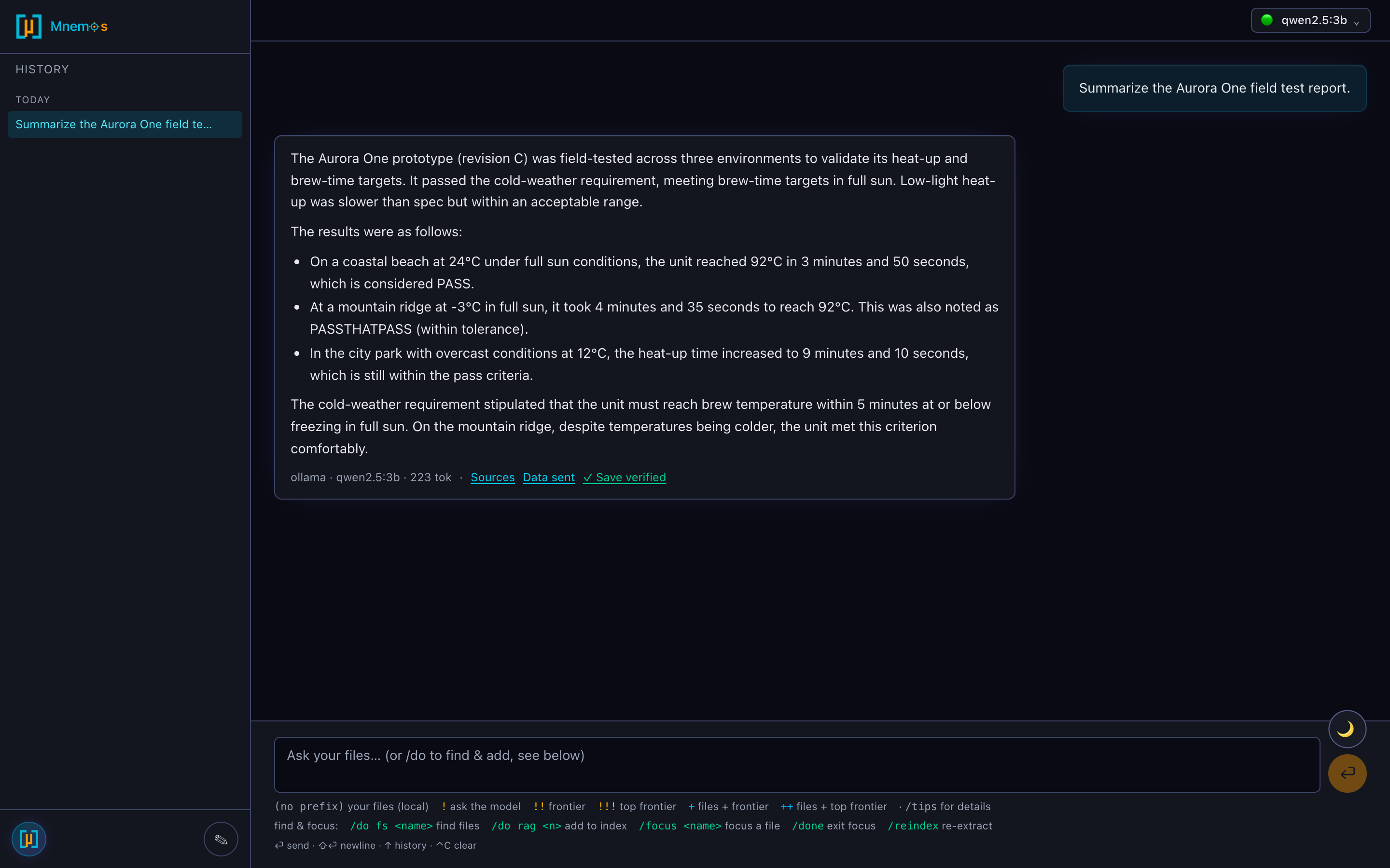 The same Mnemos answer in the Cosmic dark theme
