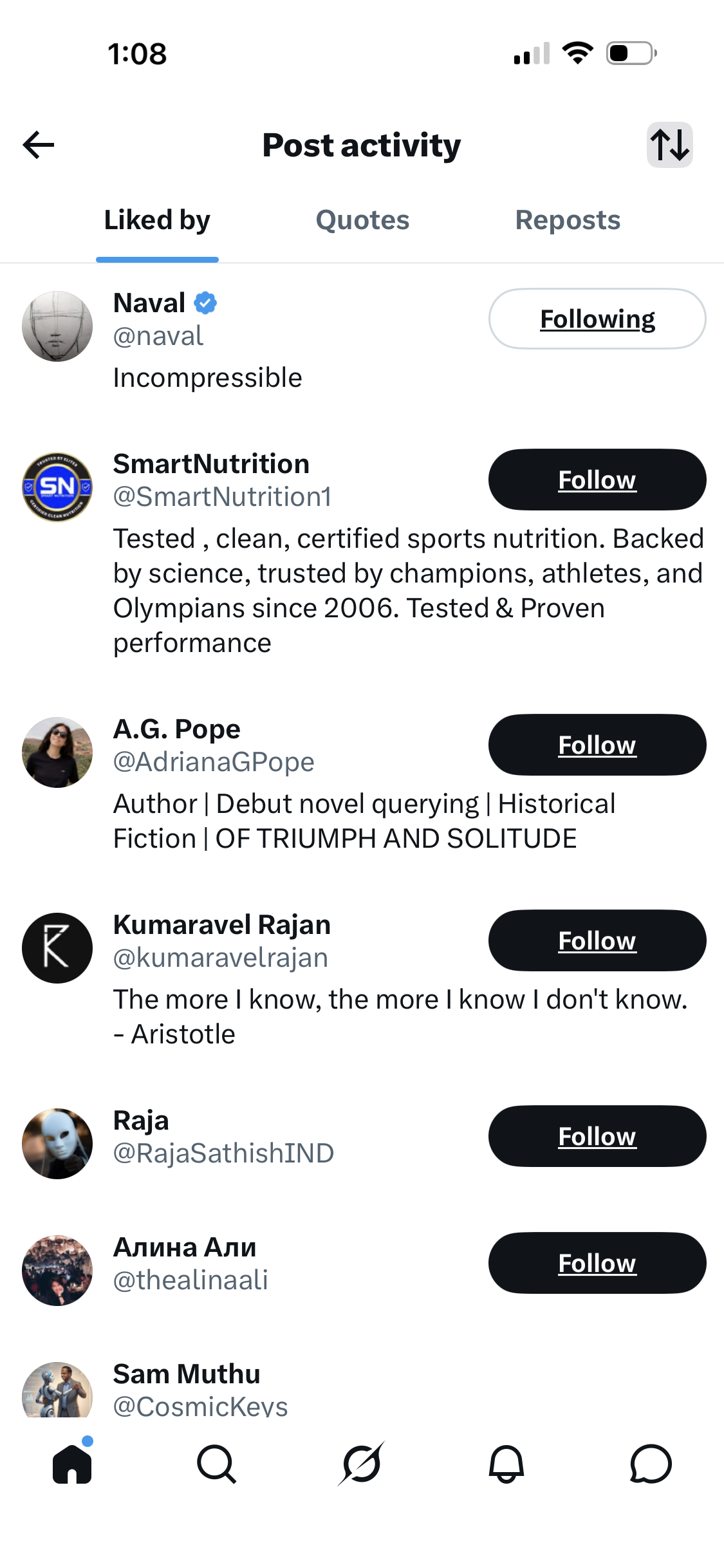 X post 'Liked by' panel showing @naval at the top of the list of users who liked Sam Muthu's post about Segment Loop Master